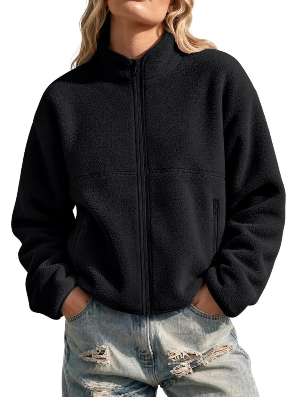 Womens Black Fleece Mock Neck Cuff Sleeve Zipper Pockets Classic Sherpa Jackets